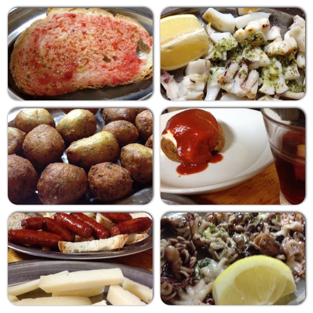 As delicias, em ordem: Pa amb tomàquet, sepia a la placha, buñuelos de bacalao, bomba picante, chistorra de pamplona, queso manchego, pulpitos a la plancha. Fotos Surian Dupont